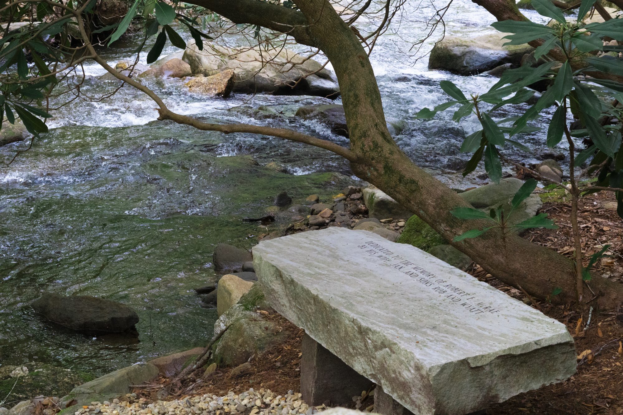 Stone bench in front of creek at columbarium in Montreat Conference Center.